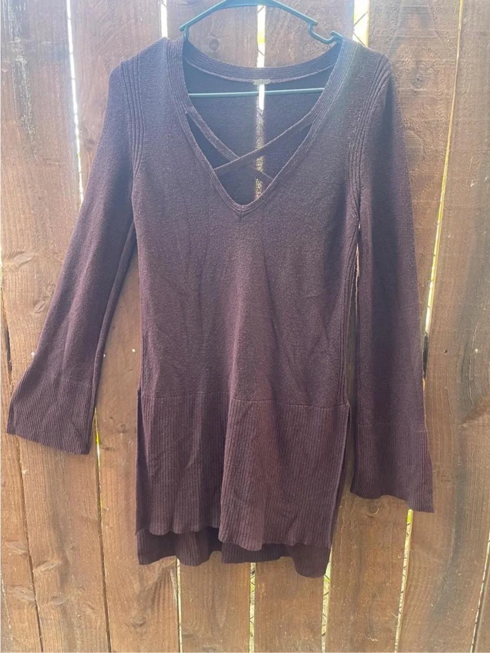Free People Tunic Sweater CrissCross Front Knit Mocha Brown Linen Blend Sz S